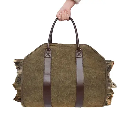 Waxed Canvas Log Carrier with Reinforced Leather Handles